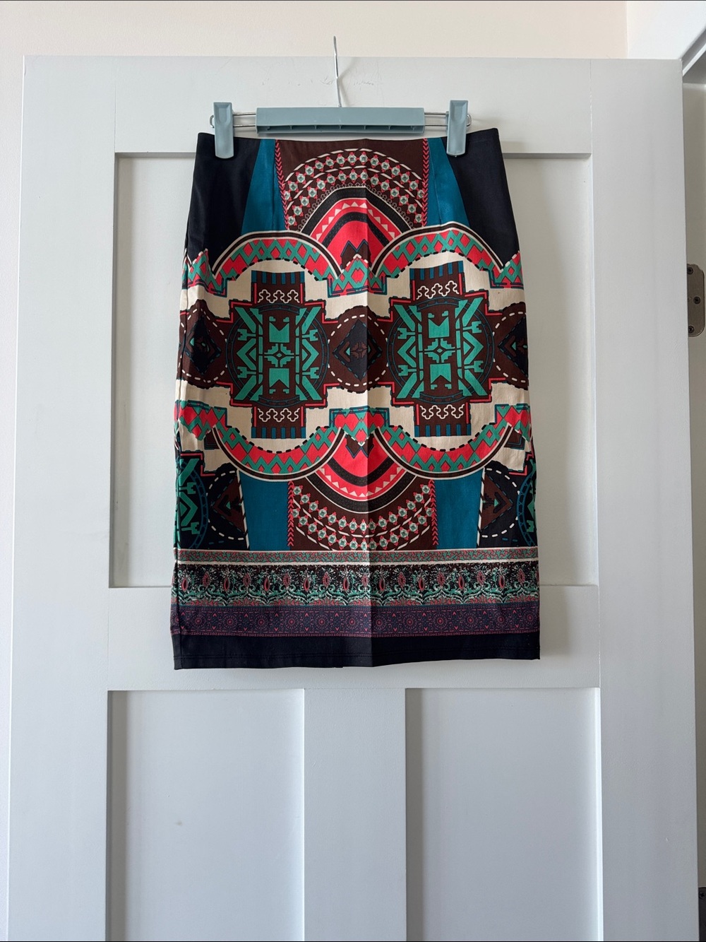Flying Tomato Geometric Pencil Skirt in Teal, Red & Black